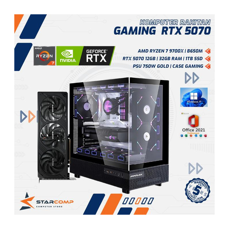 PC RAKITAN AMD Ryzen 7 9700x RTX 5070 12GB [Ram 32GB, SSD 1TB gen 4, PSU 750 Watt, AIO Watercooler